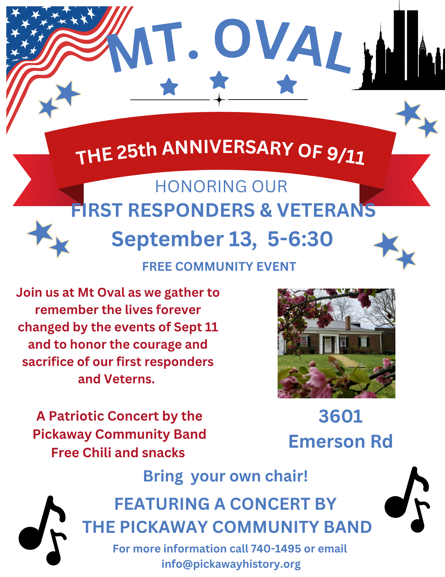 Flyer: Pickaway Community Band at Mt Oval, honoring first responders and veterans, September 13, 5–6:30