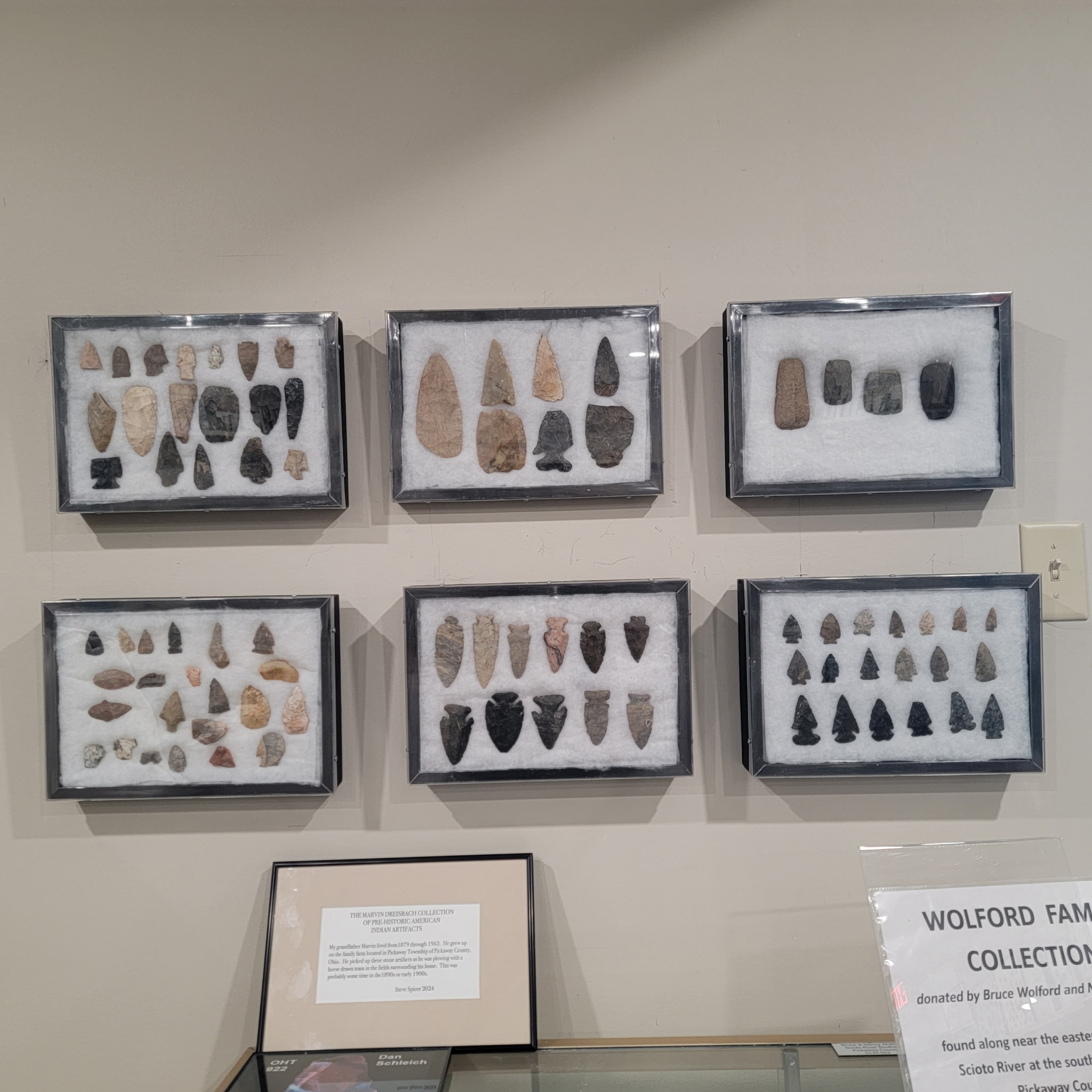 Framed cases of prehistoric American Indian points from the Marvin Dreisbach collection