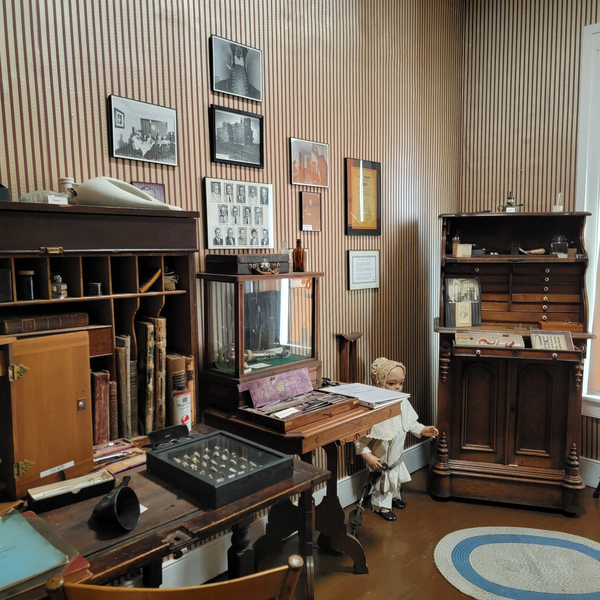 Dental cabinets, instrument cases and a period child mannequin