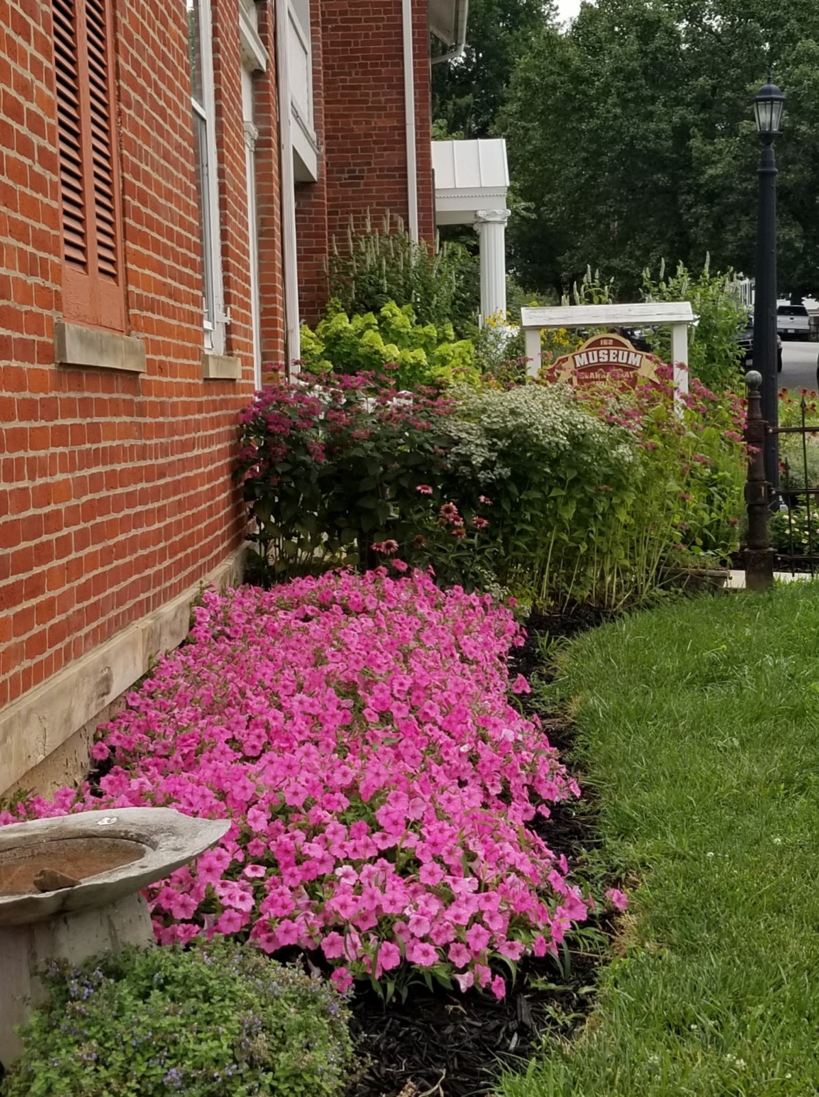 Pink petunias and perennial beds along the brick side of the museum