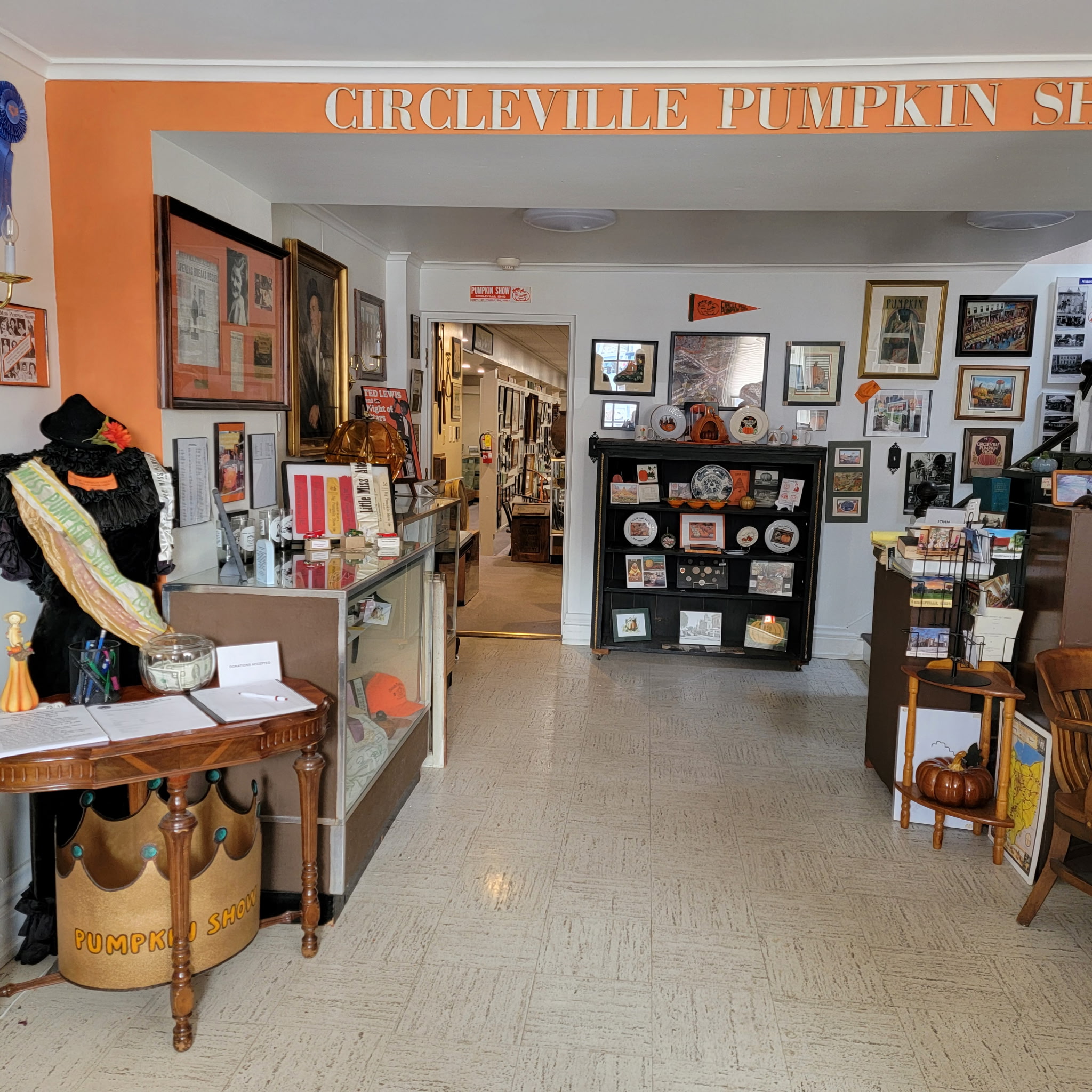 Circleville Pumpkin Show room with queen’s gown, crown and memorabilia