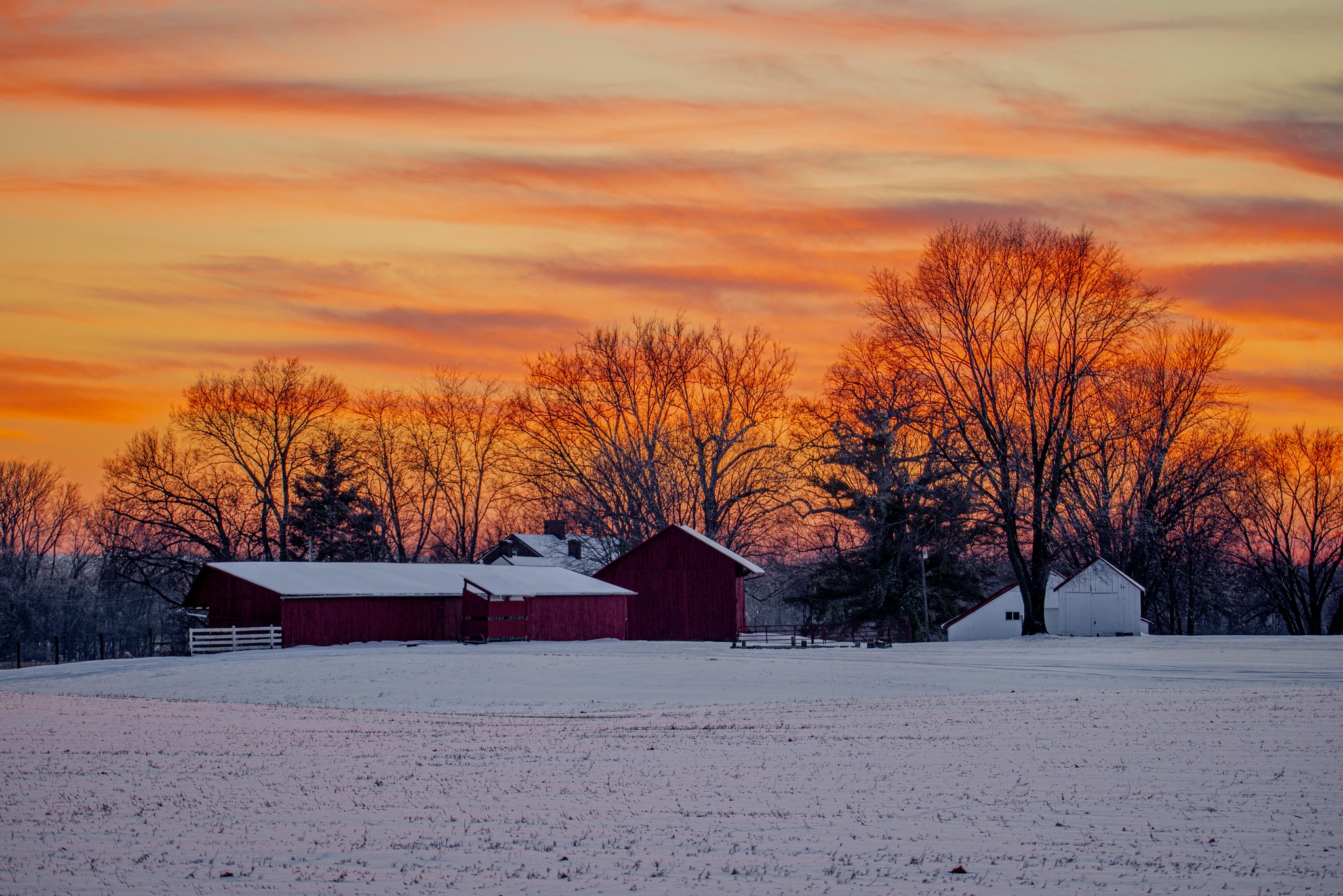 The red barn and outbuildings at Mount Oval under an orange winter sunset
