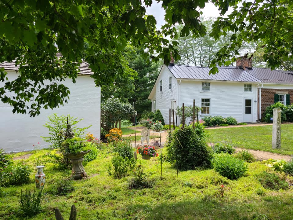 The garden between the farmhouse and outbuildings in summer