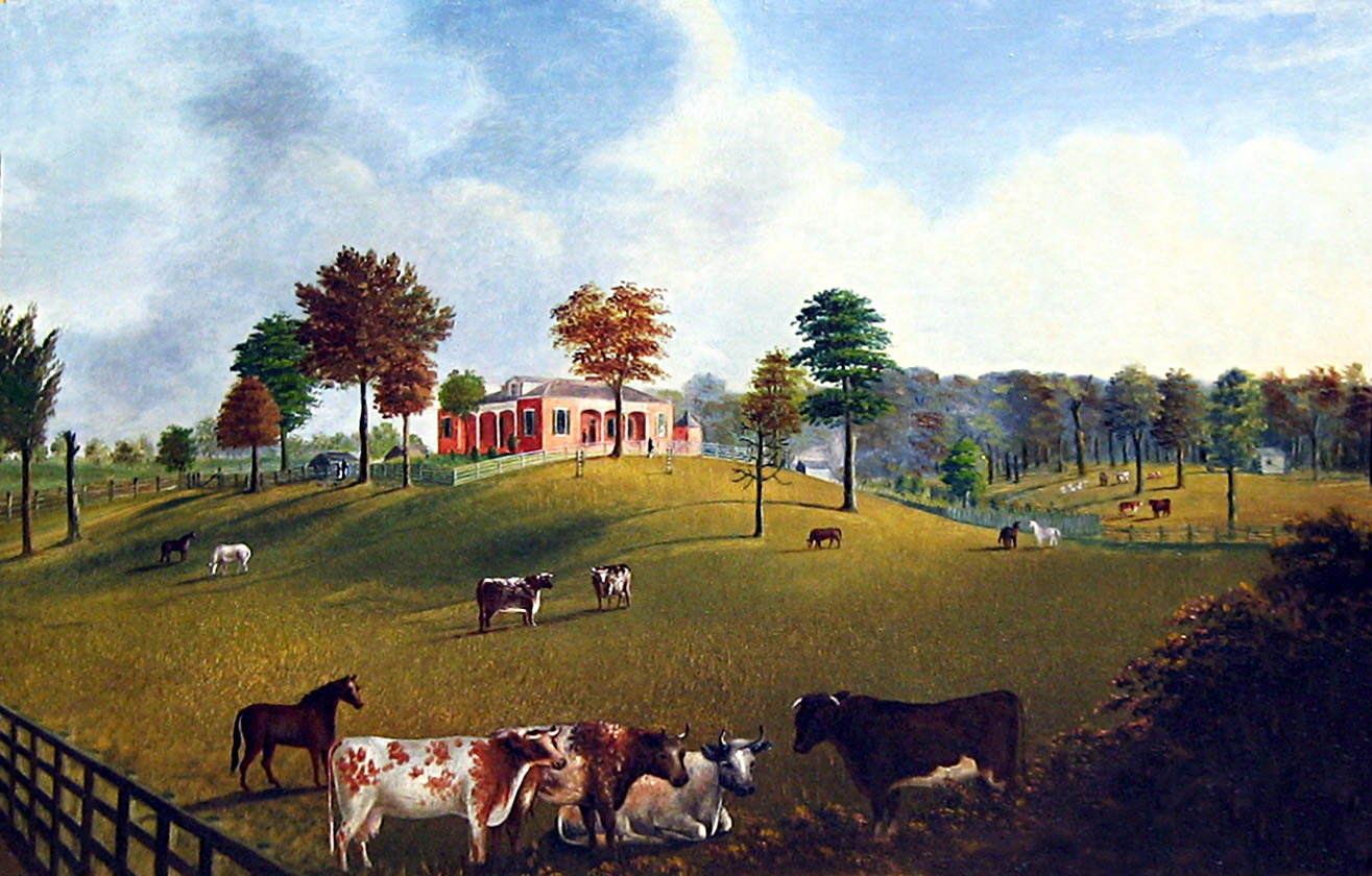 Historic painting of Mount Oval showing the house on its oval hill with grazing livestock